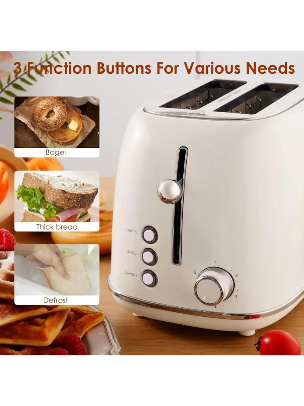 2 Slice Cream Retro Stainless Steel with Bagel Defrost Functions Tray Toaster